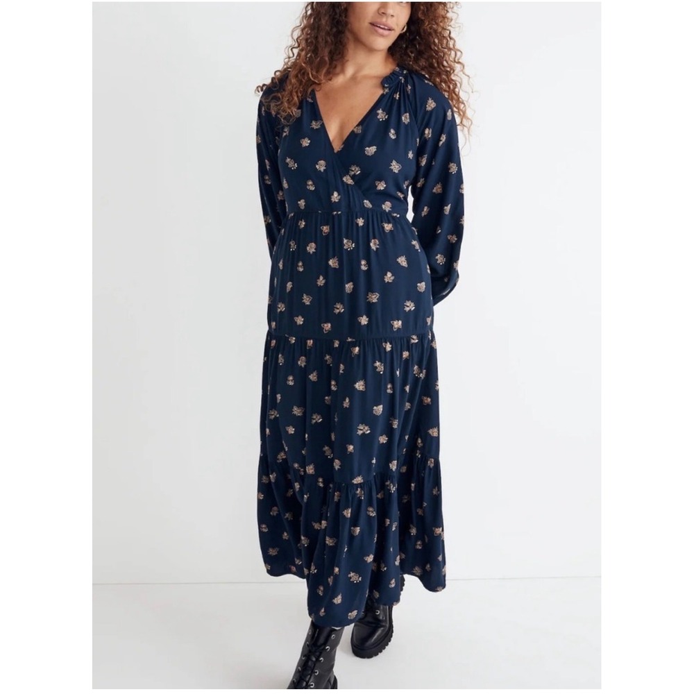 Madewell Challis Tiered Midi Long Sleeve Floral Dress Size XS Navy Blue‎ - Picture 2 of 9
